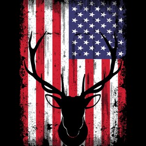 May include: A distressed American flag design with a silhouette of a deer head in the center. The flag is red, white, and blue with a grunge effect.