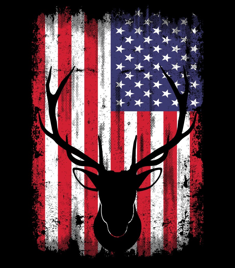 May include: A distressed American flag design with a silhouette of a deer head in the center. The flag is red, white, and blue with a grunge effect.
