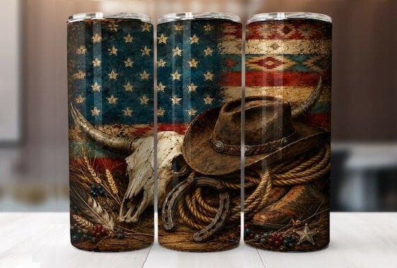 Western Cowboy Tumbler 20oz, Patriotic American Flag Tumbler, Longhorn Skull Cowboy Gift, Rodeo Western Gift, Optional Handle