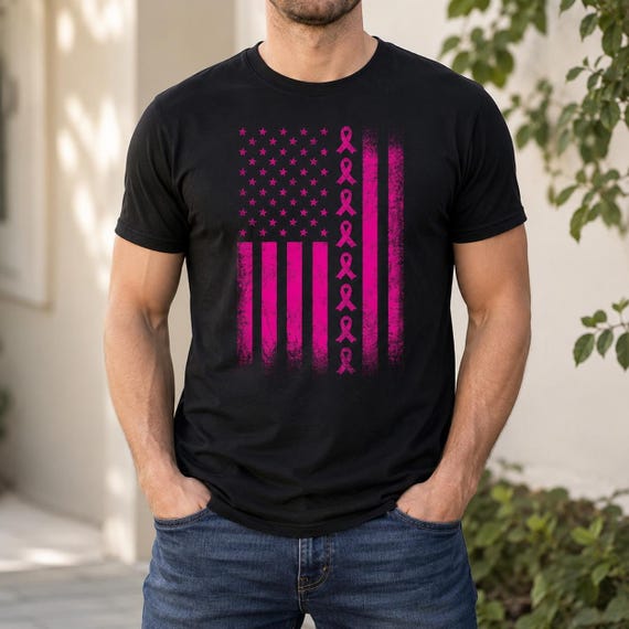 Pink Ribbon American Flag Breast Cancer Awareness T-Shirt