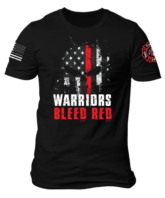 Warriors Bleed Red Firefighter T-Shirt | Punisher American Flag Design
