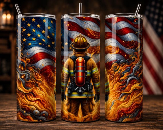 Firefighter 20 oz Tumbler, American Flag Firefighter Cup, First Responder Gift, Patriotic Skinny Tumbler, Optional Removable Handle
