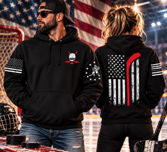 Patriotic Hockey Hoodie, American Flag Hockey Sweatshirt, Unisex Hockey Gift