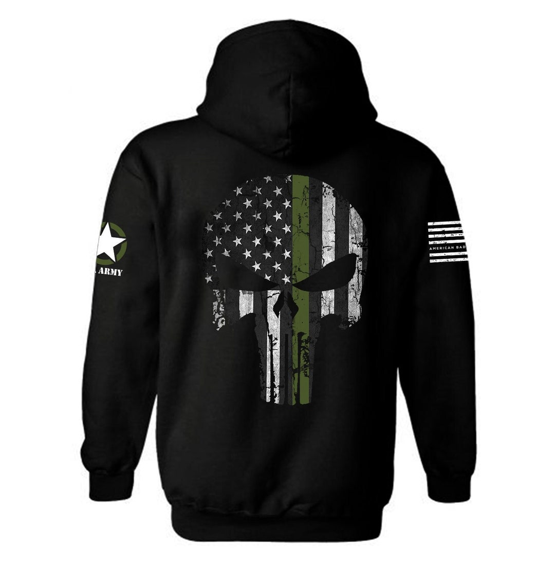 Punisher Skull Thin Green Line Hoodie Patriotic Skull American Flag  Punisher Skull Military Army Hoodie Veteran Unisex Hoodie