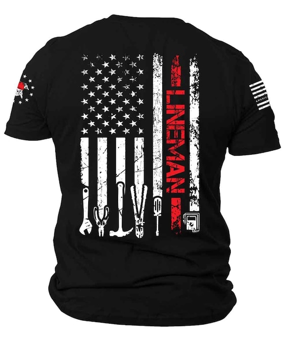 Patriotic Lineman T-Shirt | USA Flag, Lineman Tools