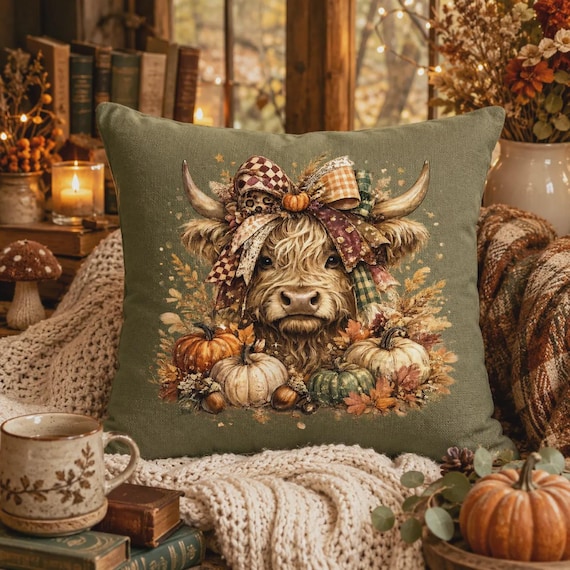 Highland Cow Autumn Pillow Cover, Western Fall Decor, Pumpkin Cow Throw Pillow, Rustic Farmhouse Pillow, Cowgirl Home Decor