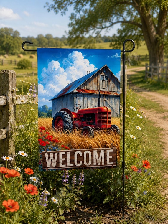 Farm Welcome Garden Flag 12x18, Red Tractor Barn Flag, Rustic Country Garden Decor, Farmhouse Yard Flag, Patriotic Farm Gift