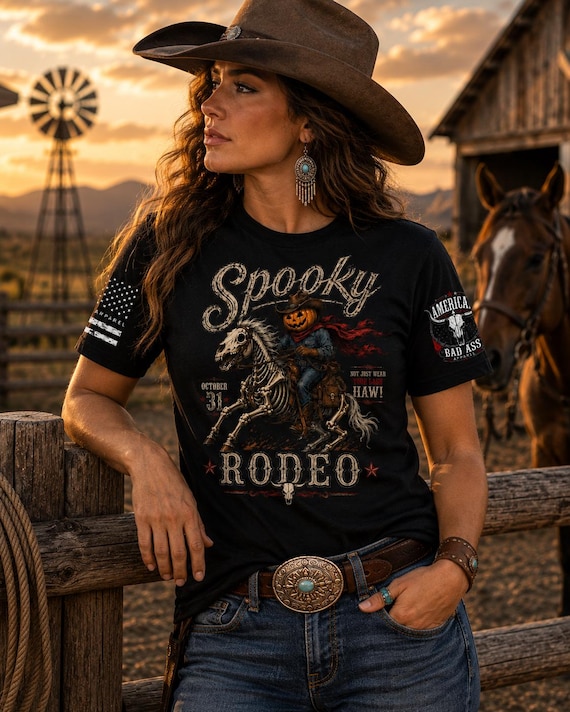 Spooky Rodeo T-Shirt, Halloween Cowboy Shirt, Skeleton Horse Tee, Western Pumpkin Shirt, Cowboy Halloween Graphic Tee