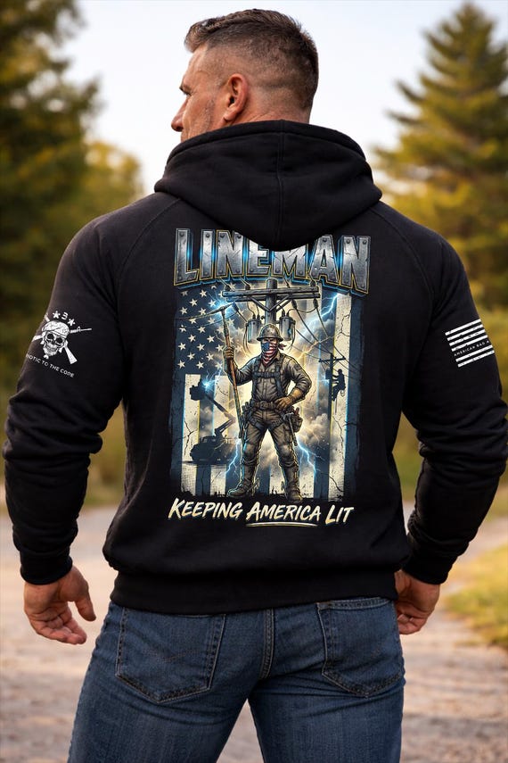 Lineman Hoodie, Keeping America Lit Electrician Sweatshirt, Blue Collar American Flag Utility Worker Gift