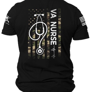 VA Nurse Camo American Flag T-Shirt | Patriotic Nurse Gift