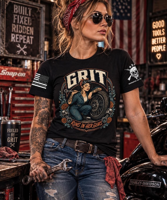 Women Mechanic Shirt, GRIT Runs in Her Gears Tee, Female Auto Tech Gift, Women in Trades Shirt, Garage Mechanic T-Shirt