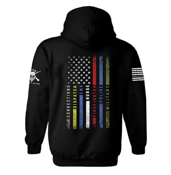 First Responder Hoodie Black Patriotic American Flag | Support First Responders Hoodie | Blue Collar USA Sweatshirt | Unisex Hoodie Gift