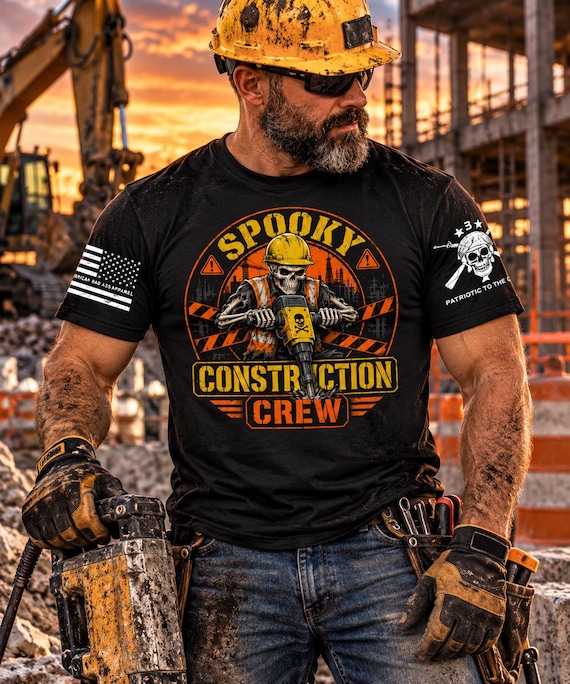 Spooky Construction Crew Shirt, Skeleton Construction Worker T-Shirt, Funny Halloween Construction Gift, Blue Collar Worker Tee