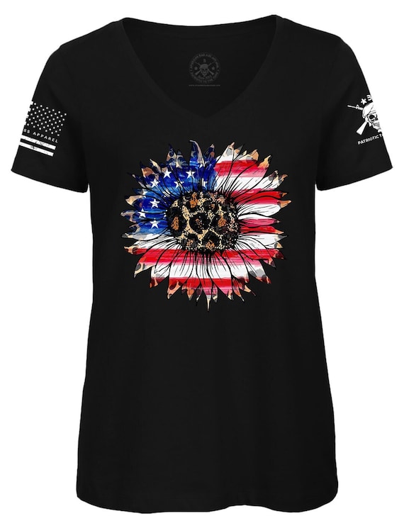 Sunflower American Flag 4th of July V-Neck T-shirt
