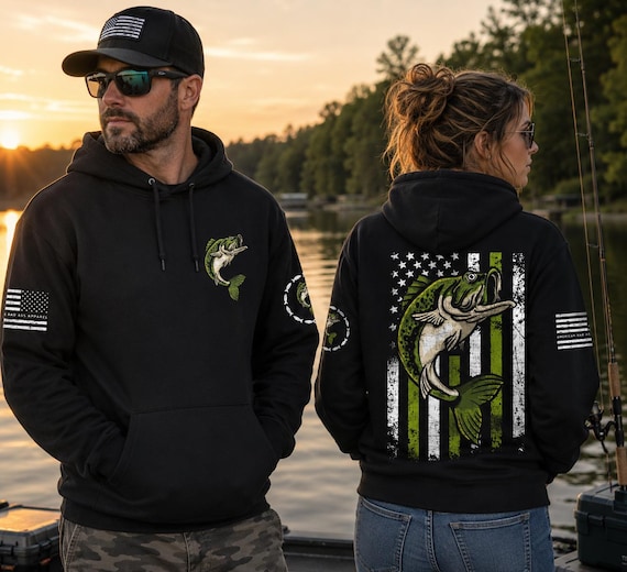 Bass Fishing Hoodie, Largemouth Bass Hoodie, Patriotic Fishing Sweatshirt, American Flag Fisherman Hoodie, Fishing Gift