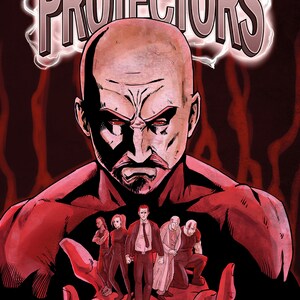 May include: A comic book cover illustration featuring a bald man with a serious expression, holding a group of people in his hand. The title of the comic is "The Secret Protectors".