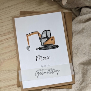 personalisierte Glückwunschkarte, Fahrzeuge, Kran, Betonmischer, Bagger, Auto, Feuerwehr, Fahrzeugfan, nachhaltig, Handmade, Aquarell