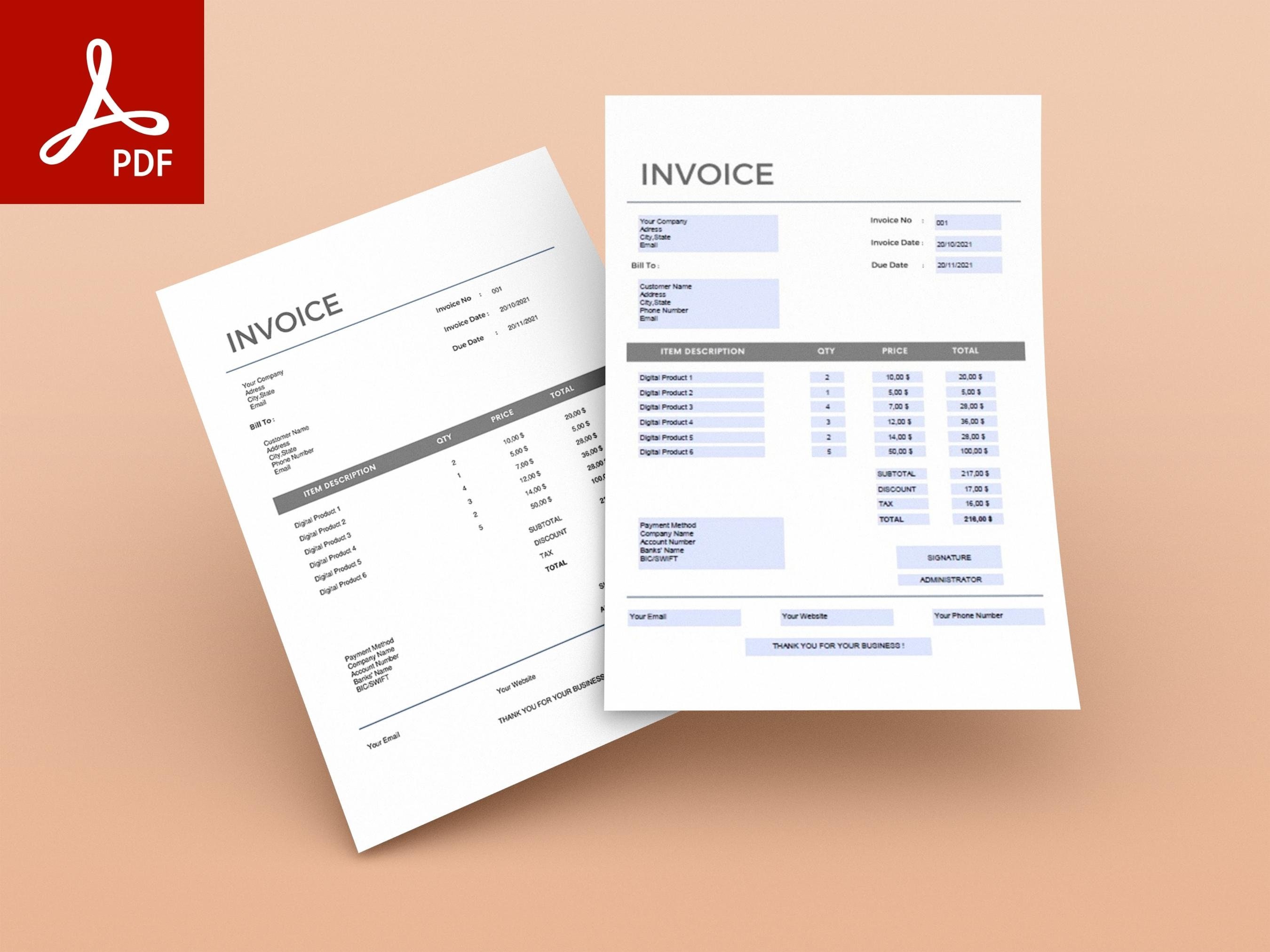 pdf invoice template fillable editable invoice form etsy