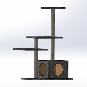 May include: A multi-level cat tree with a gray and brown color scheme. It features multiple platforms, a scratching post, and a cubby house with two circular openings. The cat tree is designed for climbing and lounging.