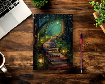 May include: A dark green and blue illustrated journal cover with a path made of stacked books leading up to a tree with glowing lights. The path is surrounded by green foliage and the background is a dark forest.