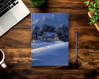 May include: A blue notebook with a snowy winter scene on the cover. The scene features a white house with lit windows, surrounded by trees and snow-covered hills.