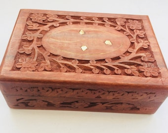 Wooden Pet Dog Cat Ashes Grave Box Urn Casket with Carved Flora Decorative Brass Inlay, Memory Memorial Cremation Keepsake