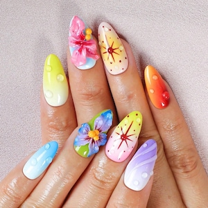Wild Bloom Press-On Nails – Colorful Flowers Design | Summer Beach Nails | 3D Glossy Tips