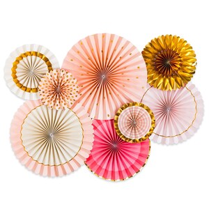 Set of 8 Pink and Gold Paper Party Fans | Party Decor | Paper Fans | Bridal Shower | Baby Shower | Birthday Party | Reusable Party Supplies