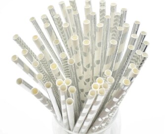 24 Silver Foil Paper Drinking Straws - Mixed Variety | Party Straws | Eco-Friendly Straws | Cardboard | High-Shine | Biodegradable Straws