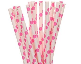 24 Bright Pink Polka Dot Paper Drinking Straws | Party Straws | Eco-Friendly Straws | Cardboard Straws | Biodegradable Straw | Birthday