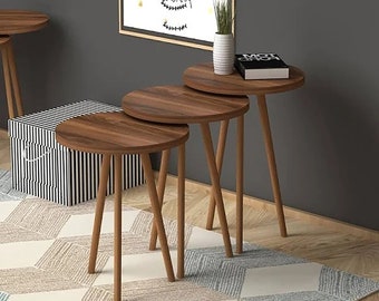 Coffee Table 3 Piece Set, Coffee Table Set, Side Table End Table Small Coffee Table (Round, Walnut)