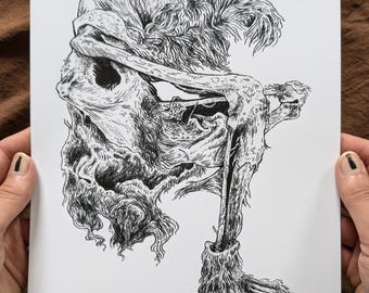May include: Black and white ink drawing of a skeletal figure with fur, appearing to be wrapped in its own skin.