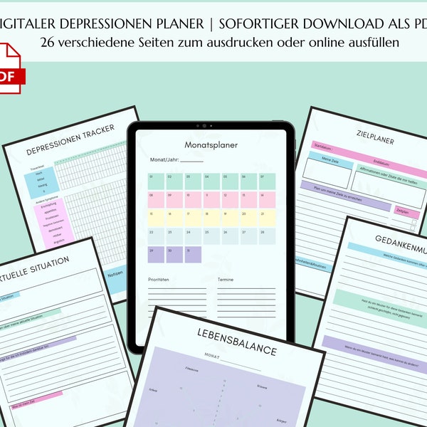 Depressionen Planer deutsch PDF Download | Digitaler Planer mit 26 verschiedenen Seiten |
