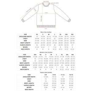 May include: A black and white line drawing of a long-sleeve sweater with labeled measurement points including neck width, shoulder width, sleeve length, biceps, chest, body length, and hem, accompanied by three detailed sizing charts in inches.
