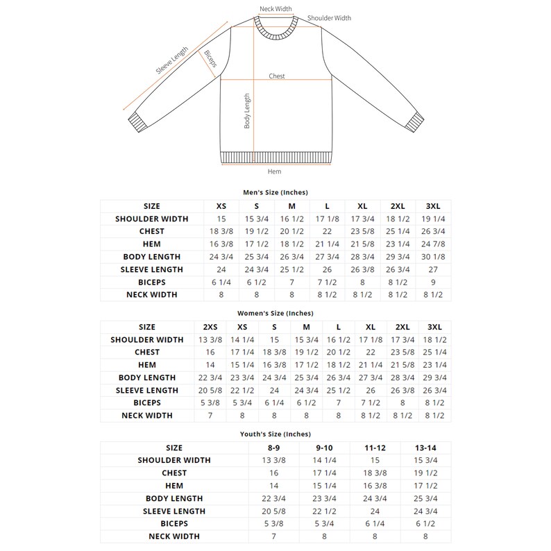 May include: A black and white line drawing of a long-sleeve sweater with labeled measurement points including neck width, shoulder width, sleeve length, biceps, chest, body length, and hem, accompanied by three detailed sizing charts in inches.