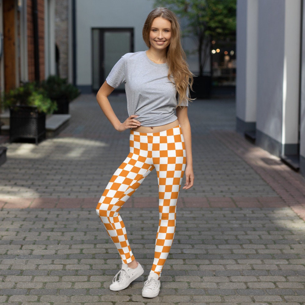 Orange and White Checkerboard Leggings, Women's Workout Pants for
