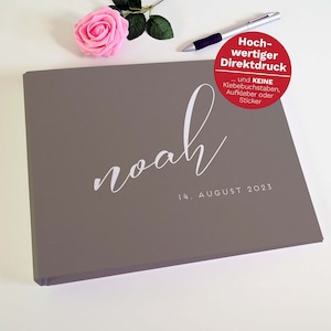 Baby Fotoalbum personalisiert grau Premium-Fotokarton Pergamin-Trennblätter fachmännische Handarbeit aus eigener Buchbindewerkstatt