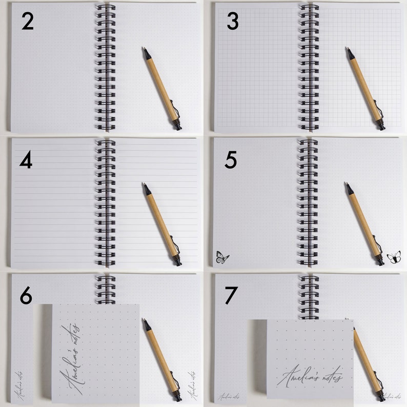 Op de afbeelding: Zeven verschillende notitieboekjes met een zwarte spiraalbinding. Elk notitieboekje heeft een andere papiersoort, waaronder gestreept, geruit en blanco. De notitieboekjes zijn allemaal gesloten en hebben een witte omslag. De notitieboekjes zijn in een rasterpatroon gerangschikt. Elk notitieboekje heeft een pen ernaast. De pennen zijn allemaal van hout en hebben zwarte inkt.