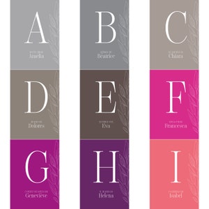 Op de afbeelding: Negen kleurrijke vierkante kaarten met witte letters A tot en met I. Elke kaart heeft een andere naam en een bloemmotief in de hoek. De namen zijn Amelia, Beatrice, Chiara, Dolores, Eva, Francesca, Genevi&egrave;ve, Helena en Isabel.