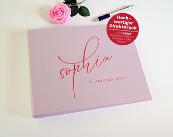 Baby Fotoalbum personalisiert rosa Premium-Fotokarton Pergamin-Trennblätter fachmännische Handarbeit aus eigener Buchbindewerkstatt
