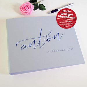Baby Fotoalbum personalisiert hellblau Premium-Fotokarton Pergamin-Trennblätter fachmännische Handarbeit aus eigener Buchbindewerkstatt