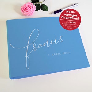 Baby Fotoalbum personalisiert blau Premium-Fotokarton Pergamin-Trennblätter fachmännische Handarbeit aus eigener Buchbindewerkstatt