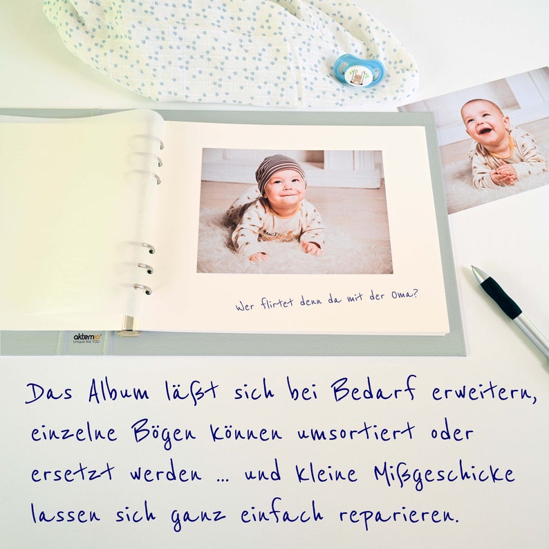 Baby Fotoalbum personalisiert hellgrün Premium-Fotokarton Pergamin-Trennblätter fachmännische Handarbeit aus eigener Buchbindewerkstatt Bild 3