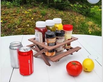 3D printed picnic table condiment holder.