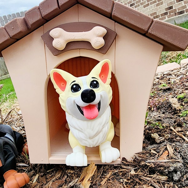 3D printed Corgi articulated fidget toy with Optional Kennel and Dog Bowl.