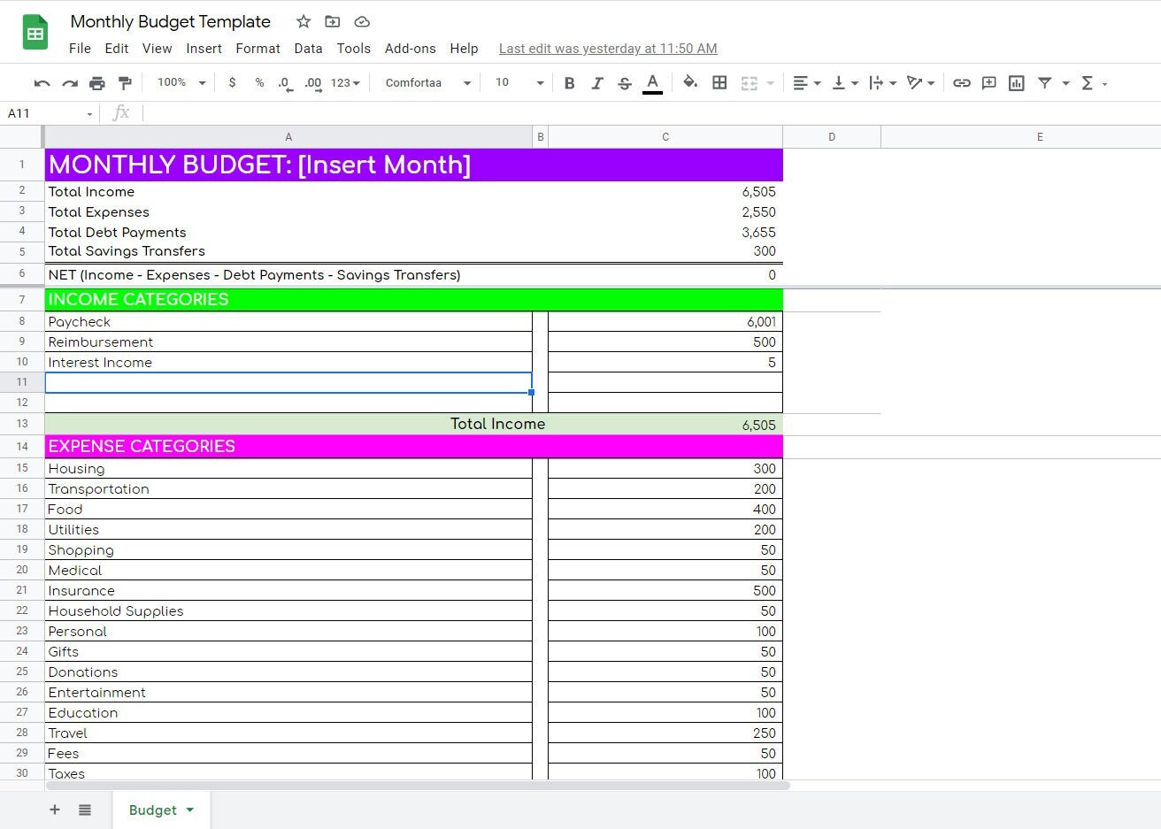 Monthly Budget Template - Google Sheets - Customizable - Etsy