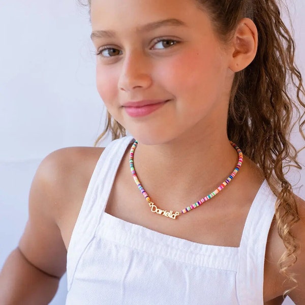Custom Child Name Necklace for Girls Daughter Niece Rainbow Soft Beaded Necklace Choker Heishi Beaded Necklace Gift For Girls Kids Jewelry