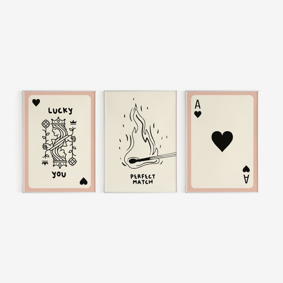 Perfect Match Art Set Of 3 Lucky You Poster Rose Pink, Beige Quote.