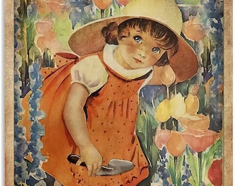 May include: A vintage-style illustration of a young girl in a straw hat and orange dress gardening in a field of flowers. The text reads "Some girls are just born with gardening in their souls."
