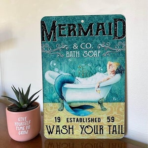 Mermaid Funny Bathroom Vintage Metal Tin Sign - Wash Your Tail #124